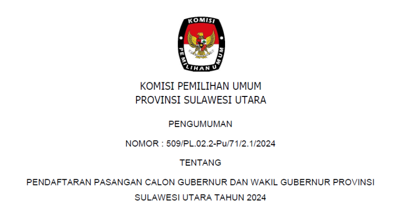 Pengumuman KPU Sulut : Pendaftaran Paslon Gubernur dan Wakil Gubernur Sulawesi Utara